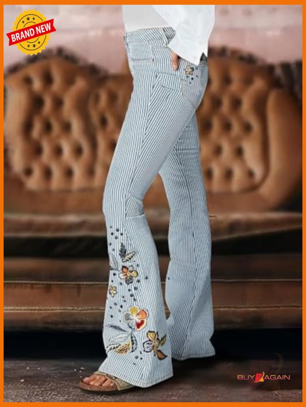 Women's Low Rise Bootcut Jeans with Striped Embroidery Casual Pants - Picture 2 of 7